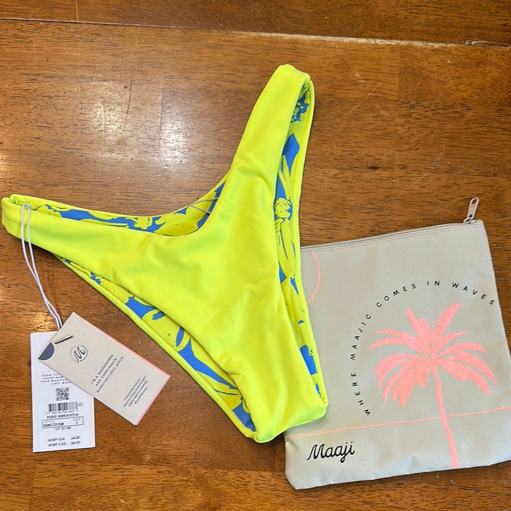 Maaji high rise Neon Yellow Bikini Bottom with Blue Floral Design